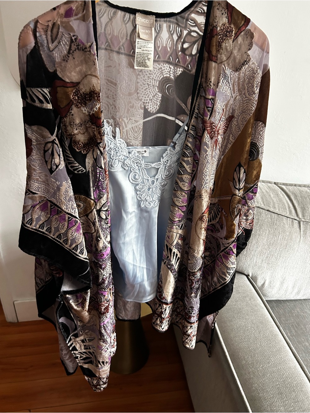 Chicos Velvet Burnout Kimono Whimsigoth Boho Artsy One Size Fairly Grunge Open